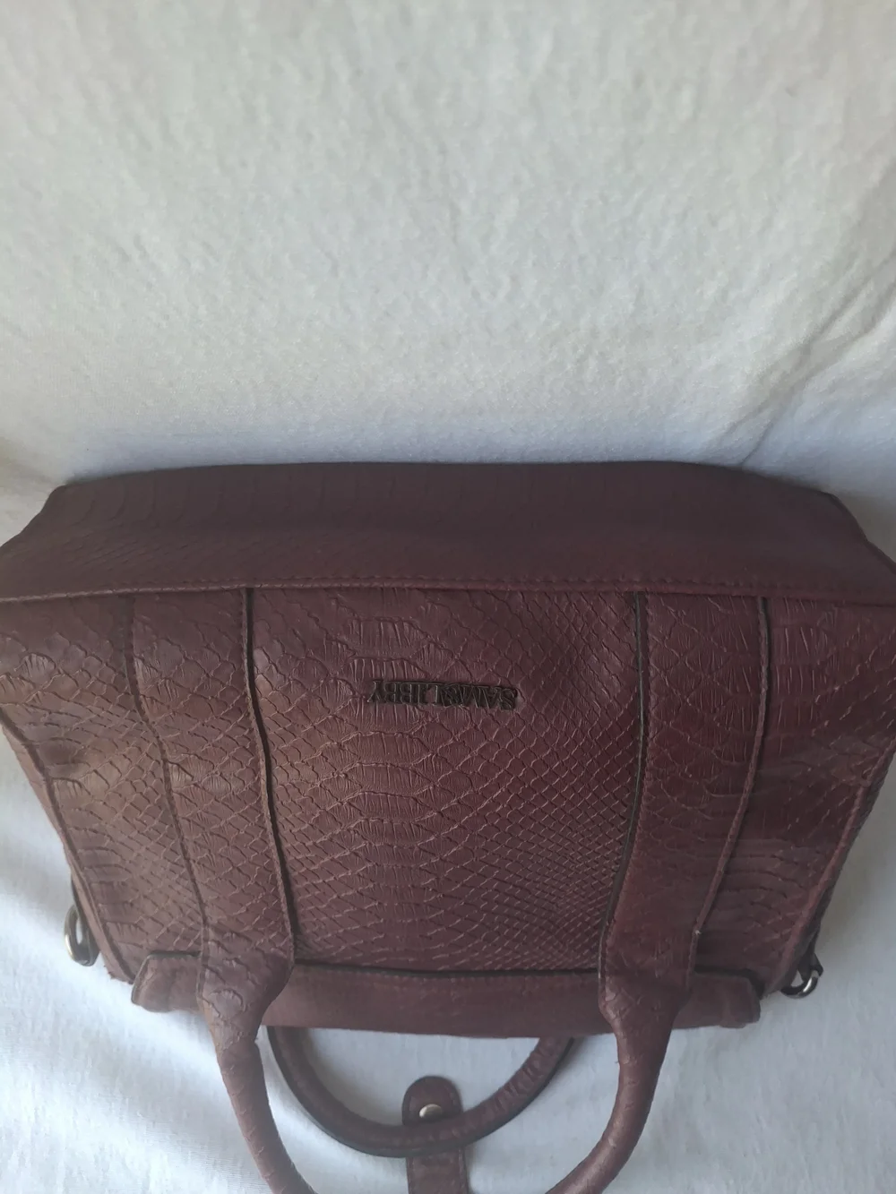 Structured Satchel Bag in Burgundy Faux-Snake with Chain Accents